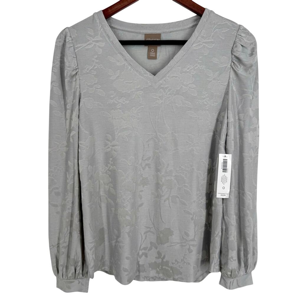 NEW NWT Chicos Sz SMALL US 4/6 0 Gray Formal Jacquard Blouse Shirt Top Winter